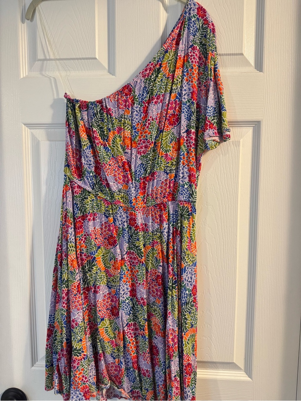 Staccato One-Shoulder Floral Dress in Red, Green, Orange, Purple